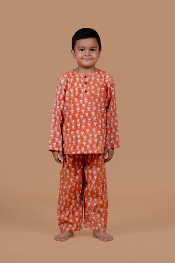 Unisex Orange Frog Print Night suit