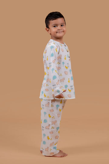 White Farm Print Night suit for Boys