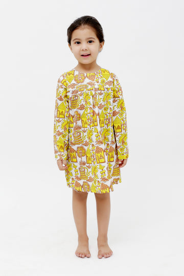 Yellow Village Scene Block Printed Full Sleeves Tunic