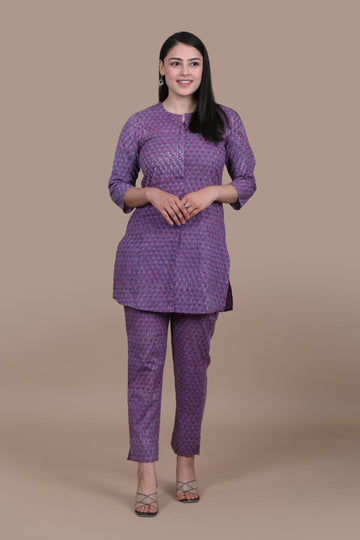 woman wearing purple cotton co ord set