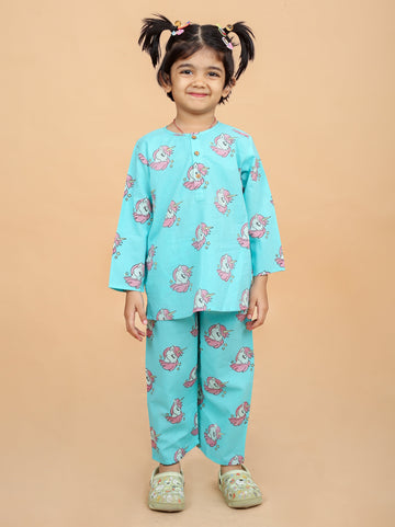 girl wearing pure cotton unicorn printed pajama set 