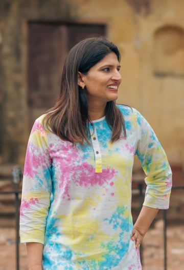 woman wearing pure cotton multi tie and dye pajama set