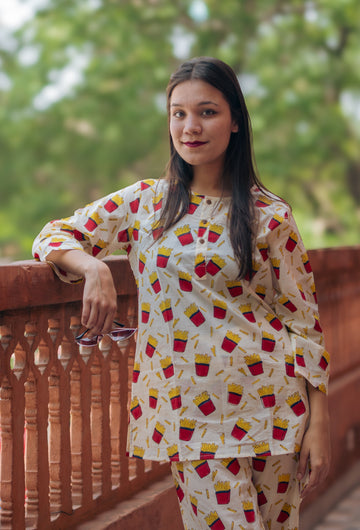 women wearing frensh fry print pajama set
