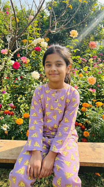 Pure Cotton hand block printed pizza print nightsuits for girls 