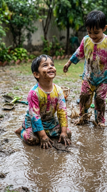 Kids Playing in muddy puddle in multi tie and dye Chheent Nightsuits 