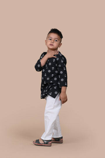 pure cotton hand block printed anchor print kurta pajama set for boys