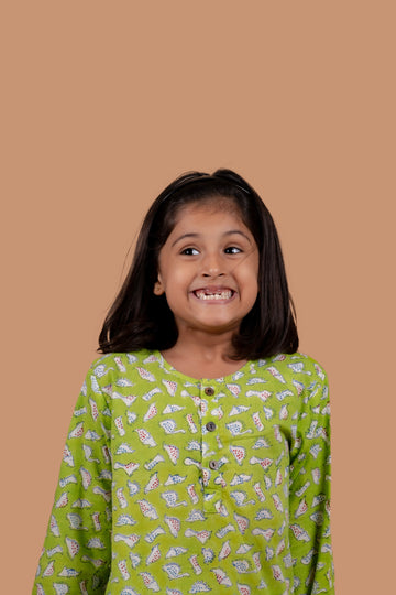 kids wearing pure cotton hand block printed dino pajama set for kids