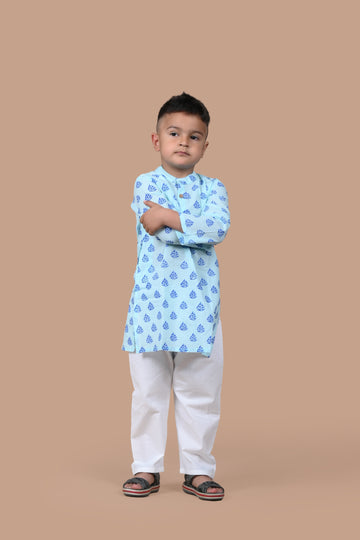 Pure cotton hand block printed boat print kurta pajama for boys, breathable and comfortable ethnic wear