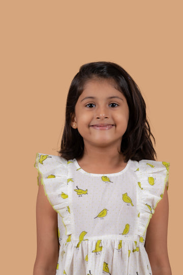 girl wearing bird print cotton dress 