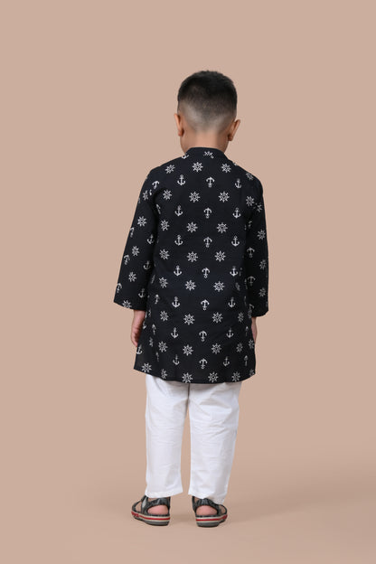 Black Anchor Kurta Pajama - Set of 2