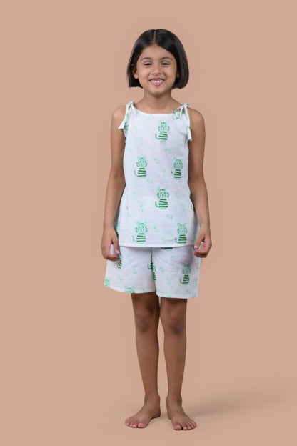 Green Cat Shorts and Top set for Girl