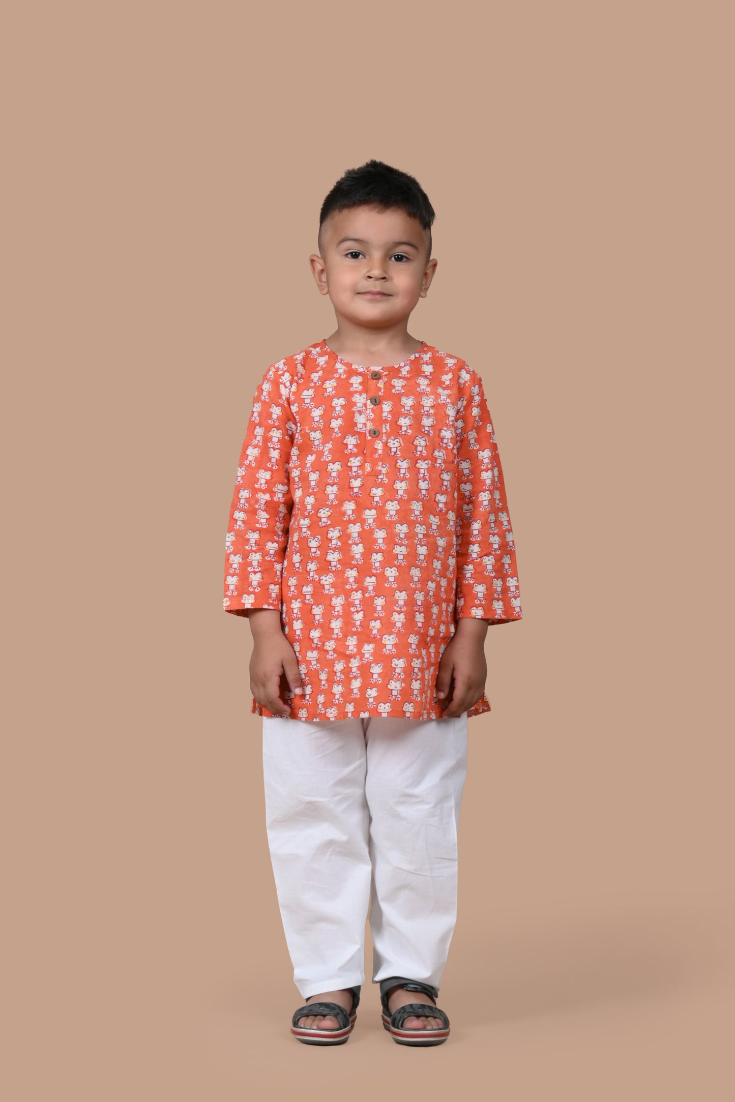 Orange Frog Kurta white Pajama Set