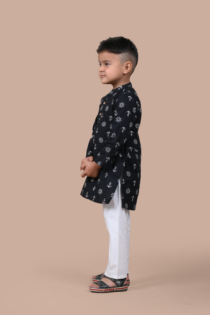 Black Anchor Kurta Pajama - Set of 2