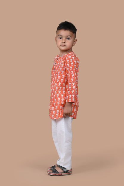 Orange Frog Kurta white Pajama Set