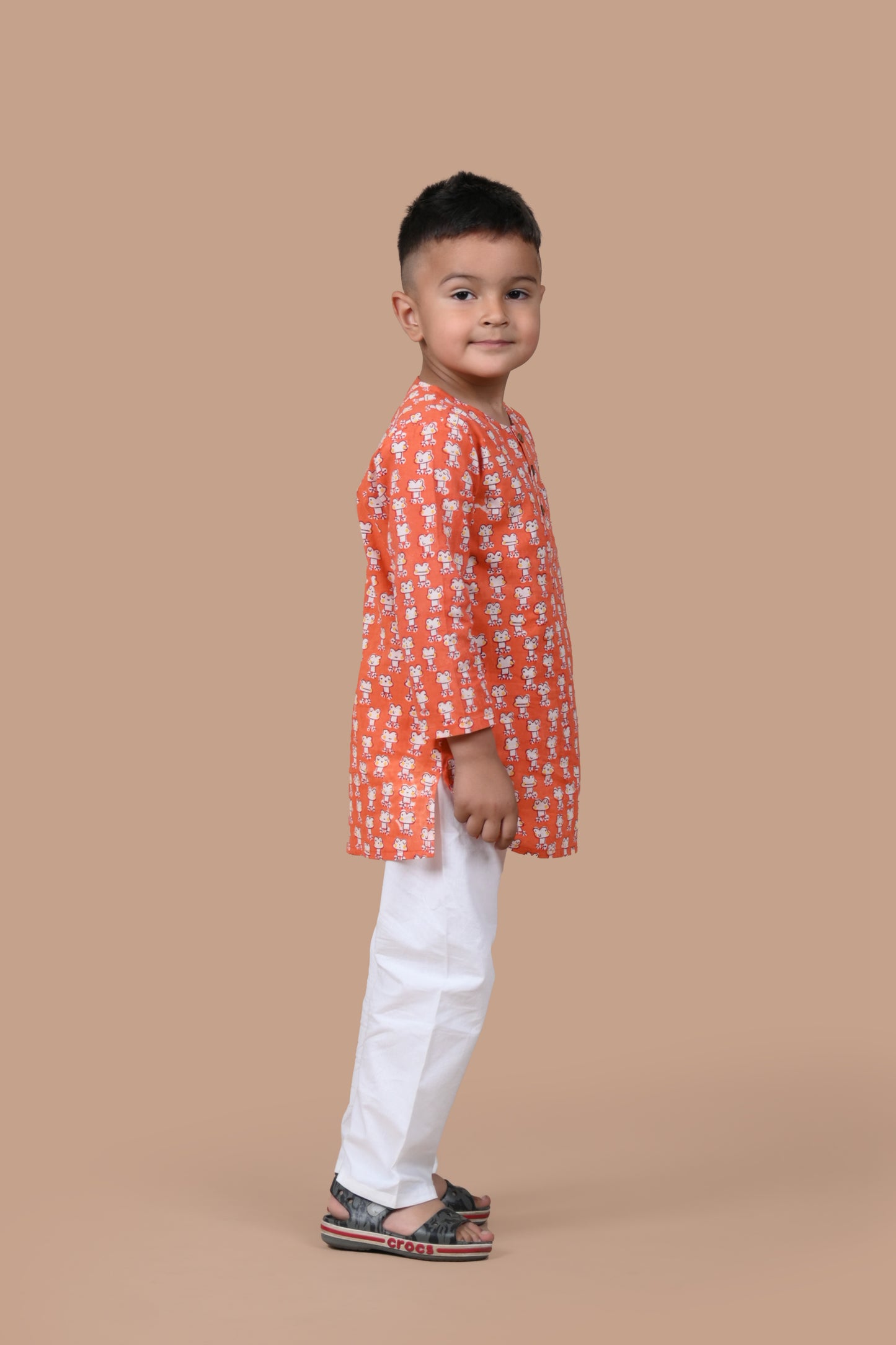 Orange Frog Kurta white Pajama Set