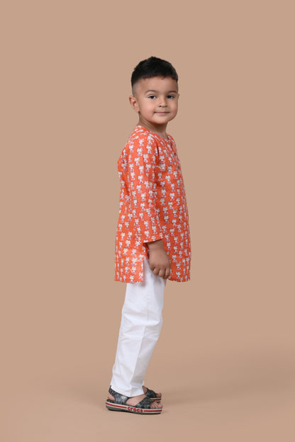 Orange Frog Kurta white Pajama Set