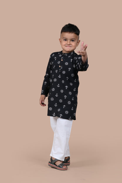 Black Anchor Kurta Pajama - Set of 2