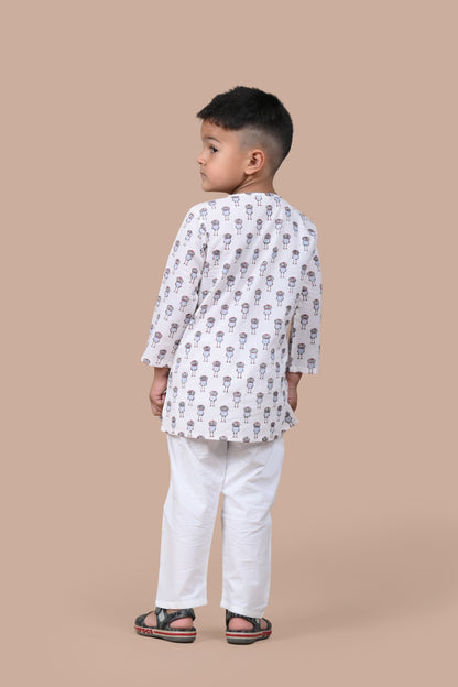 Owl Printed Kurta and white Pajama Set