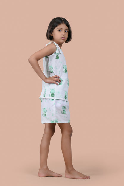 Green Cat Shorts and Top set for Girl