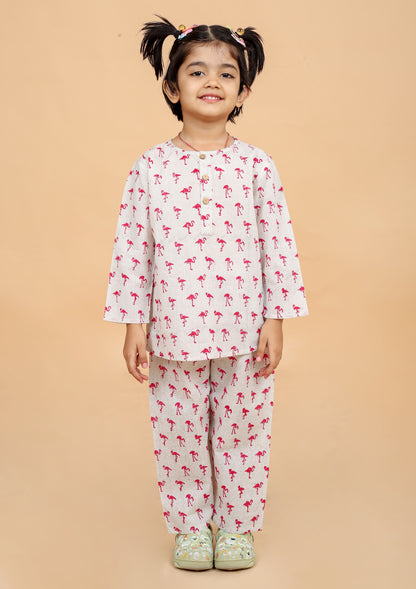 Chheent Cotton Cartoon Printed Night Dress Suit Sleep Wear for Girls Kids | Pink Flamingo