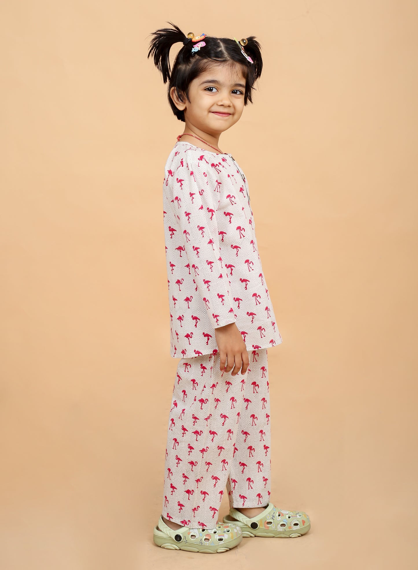 Chheent Cotton Cartoon Printed Night Dress Suit Sleep Wear for Girls Kids | Pink Flamingo