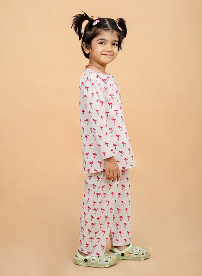 Chheent Cotton Cartoon Printed Night Dress Suit Sleep Wear for Girls Kids | Pink Flamingo