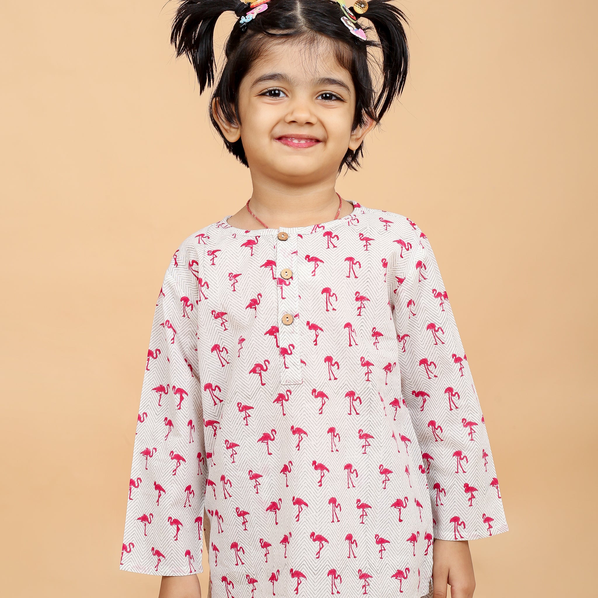 Chheent Cotton Cartoon Printed Night Dress Suit Sleep Wear for Girls Kids | Pink Flamingo