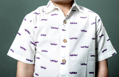 White and Purple Mustache Printed Shirt