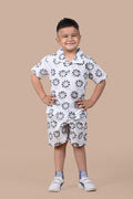Boy wearing pure cotton Black Lion hand block printed shorts and top set by Chheent Jaipur