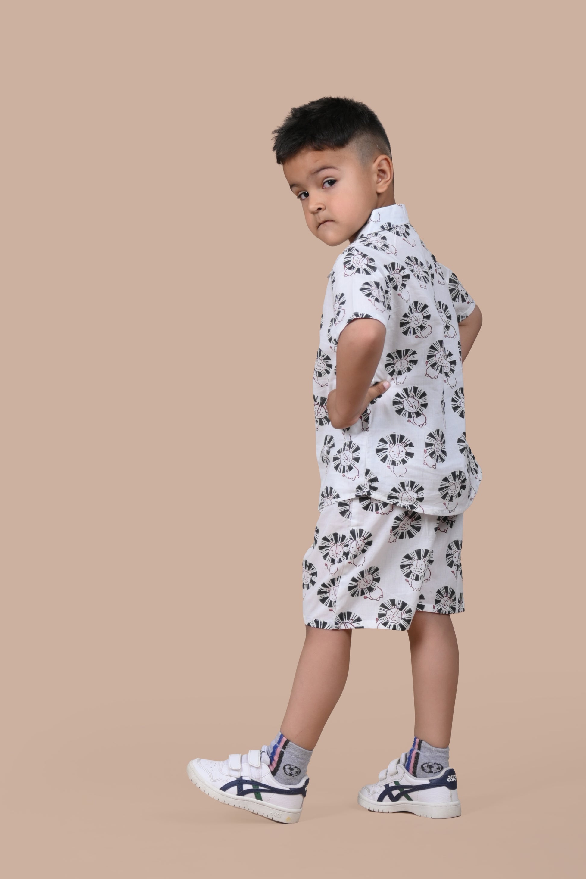 Kids summer outfit - Black Lion printed cotton shorts and top set, ages 1-12, Chheent Jaipur