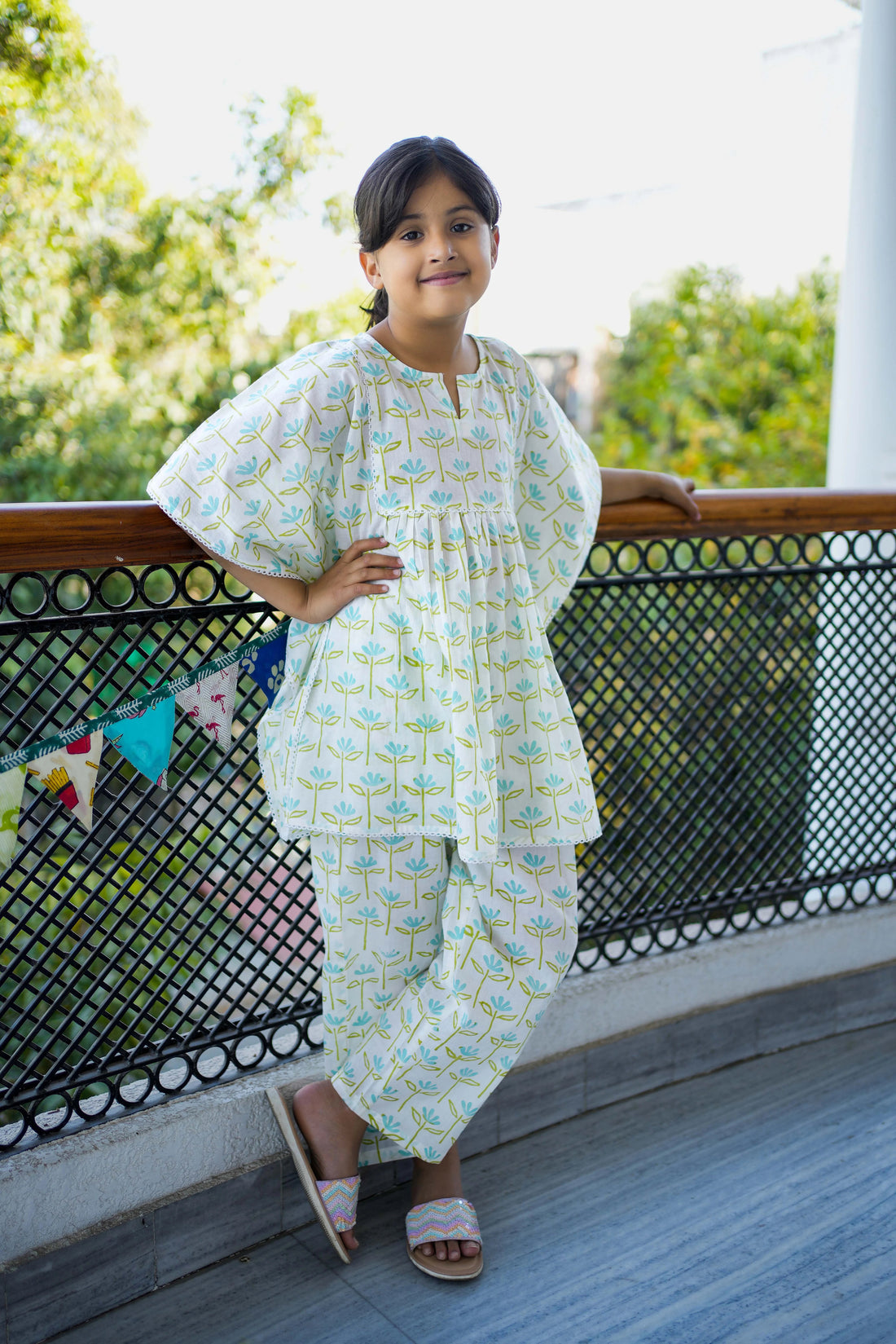 pure cotton blue flower hand block printed kaftan set for girls