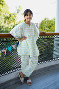 pure cotton blue flower hand block printed kaftan set for girls