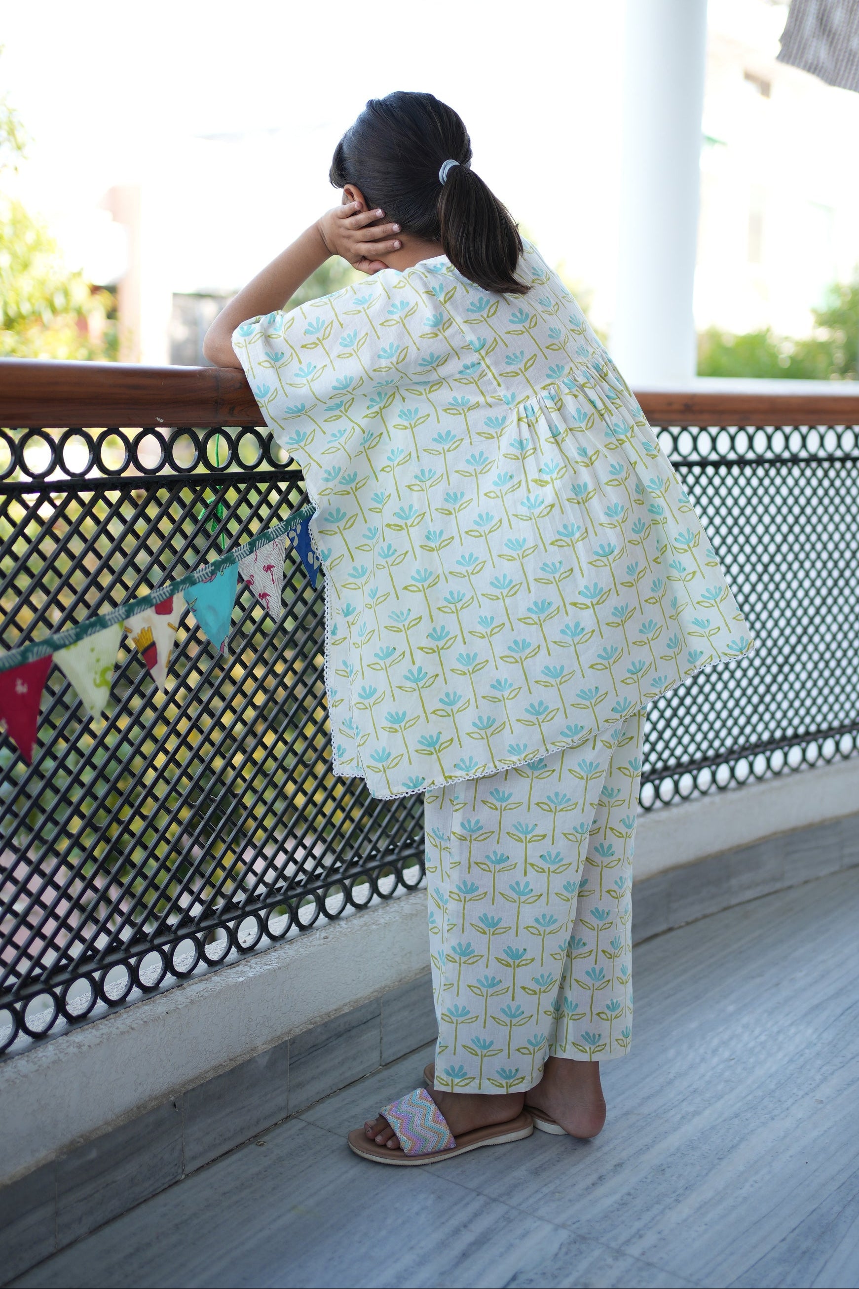 traditional block printed blue floral cotton kaftan set for girls