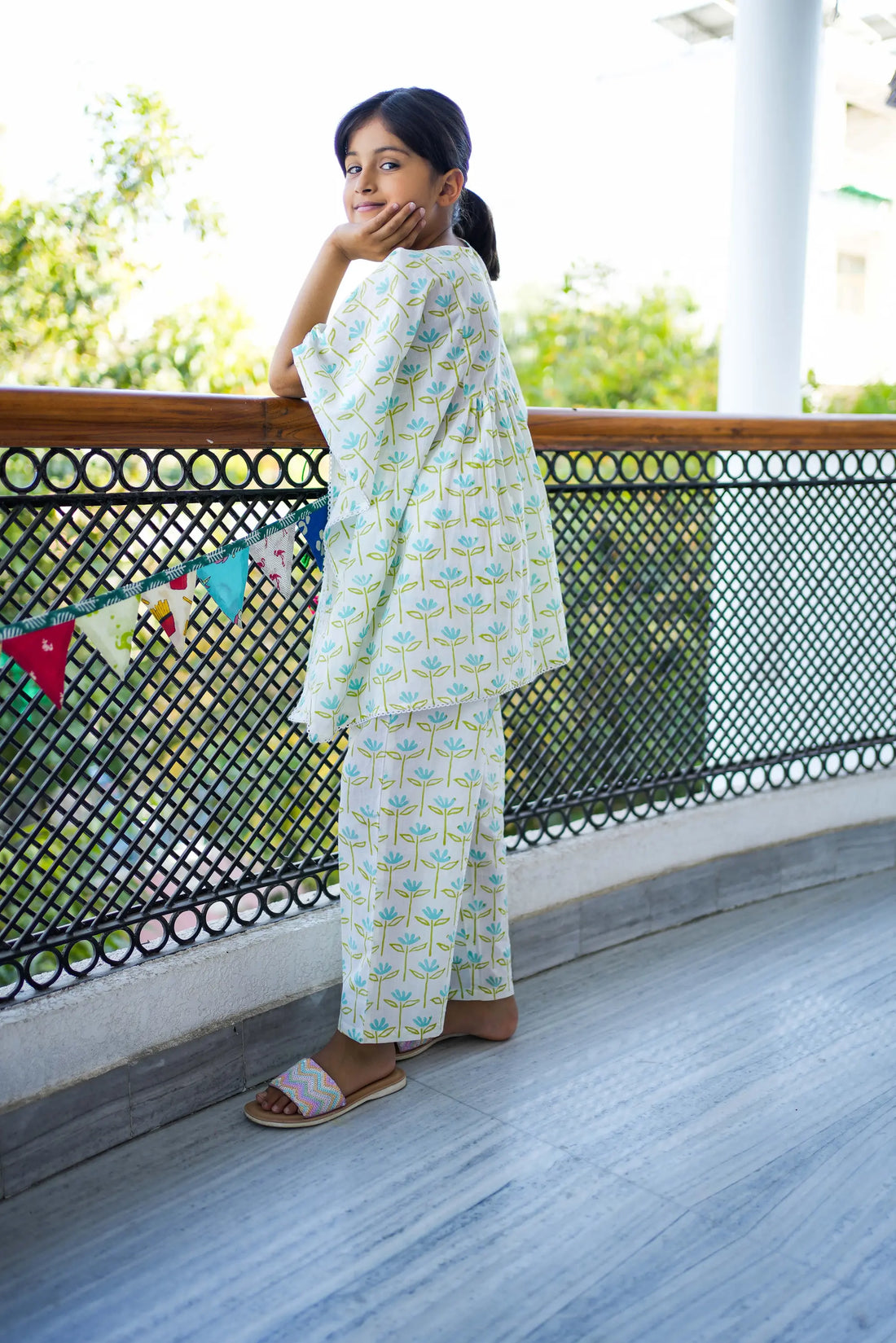 pure cotton blue flower hand block printed kaftan set for girls