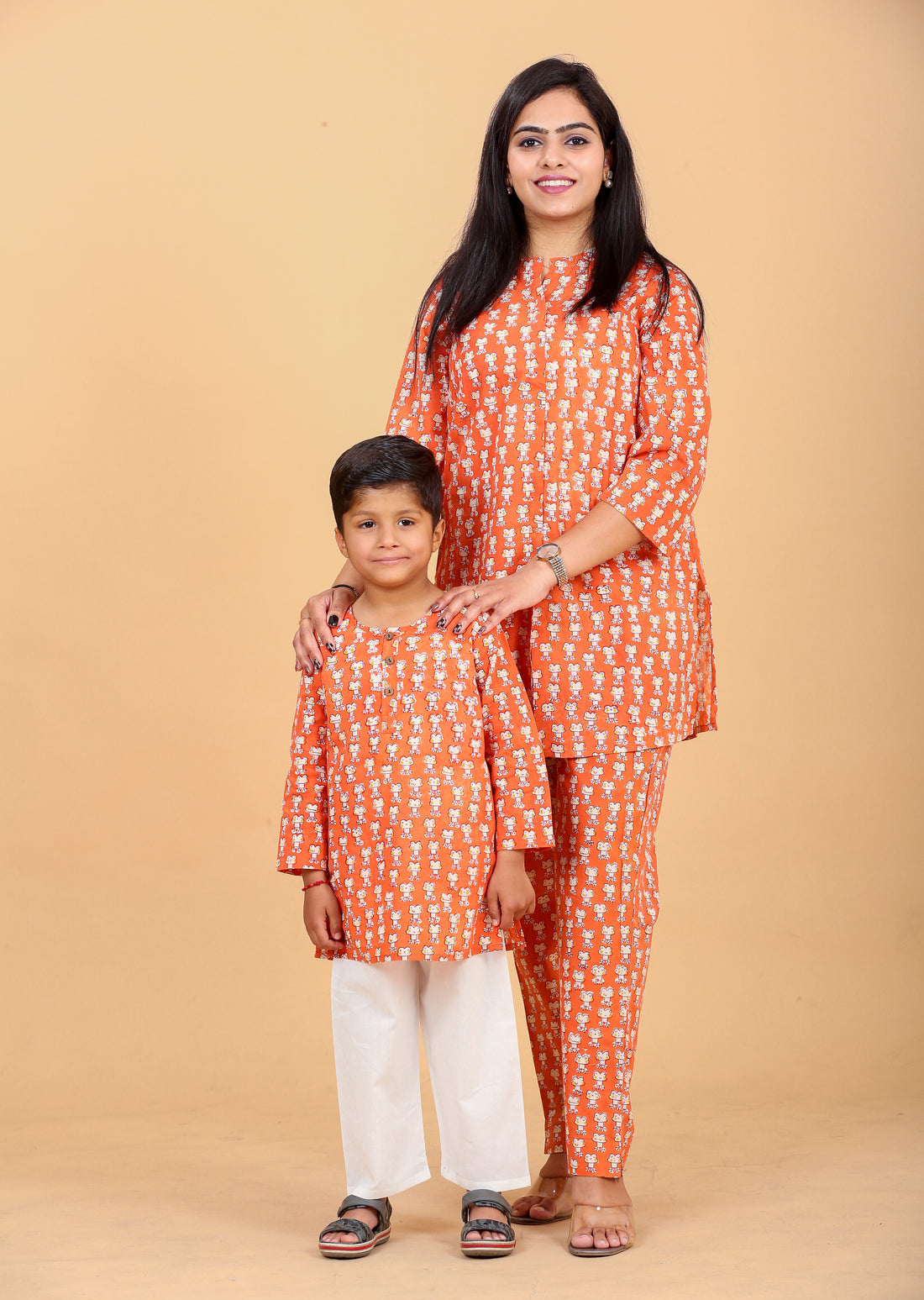  Orange frog print pure cotton twinning set for mom and kids - Chheent Jaipur