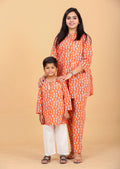 Chheent Jaipur mom kids matching orange frog print cotton outfit - front view