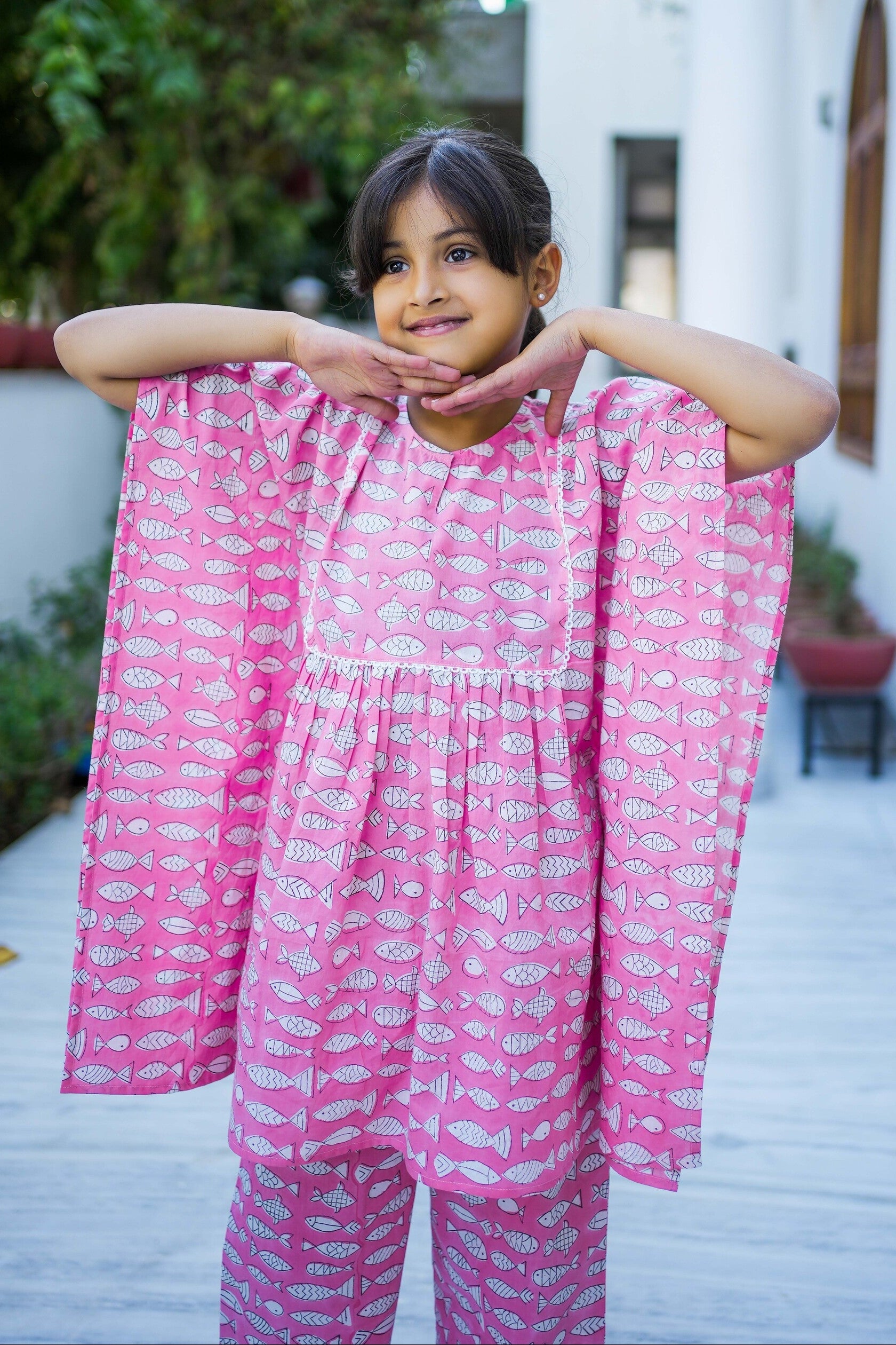pure cotton pink fish hand block printed kaftan set for girls
