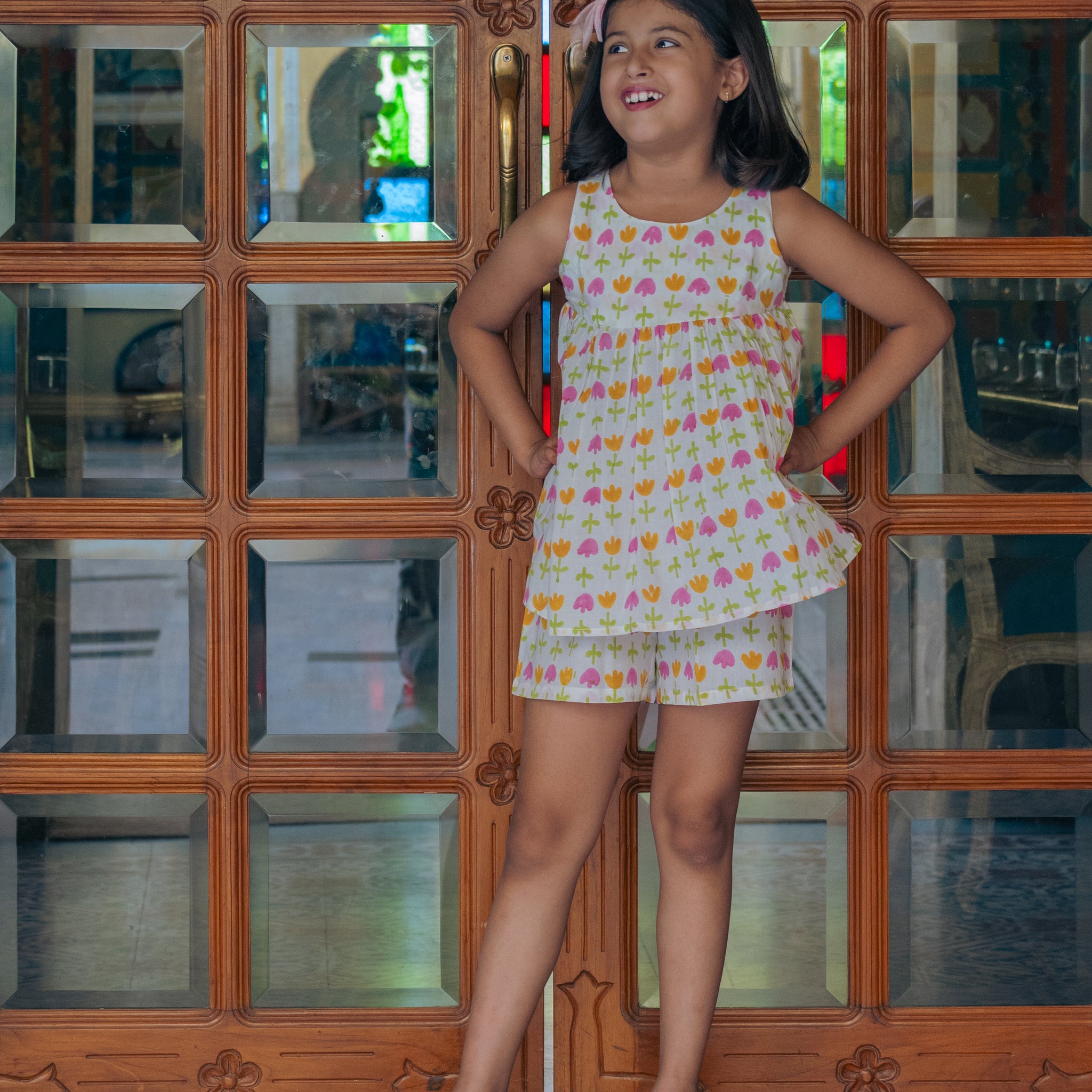 Orange Yellow Flower Printed Shorts and Top set for Girls