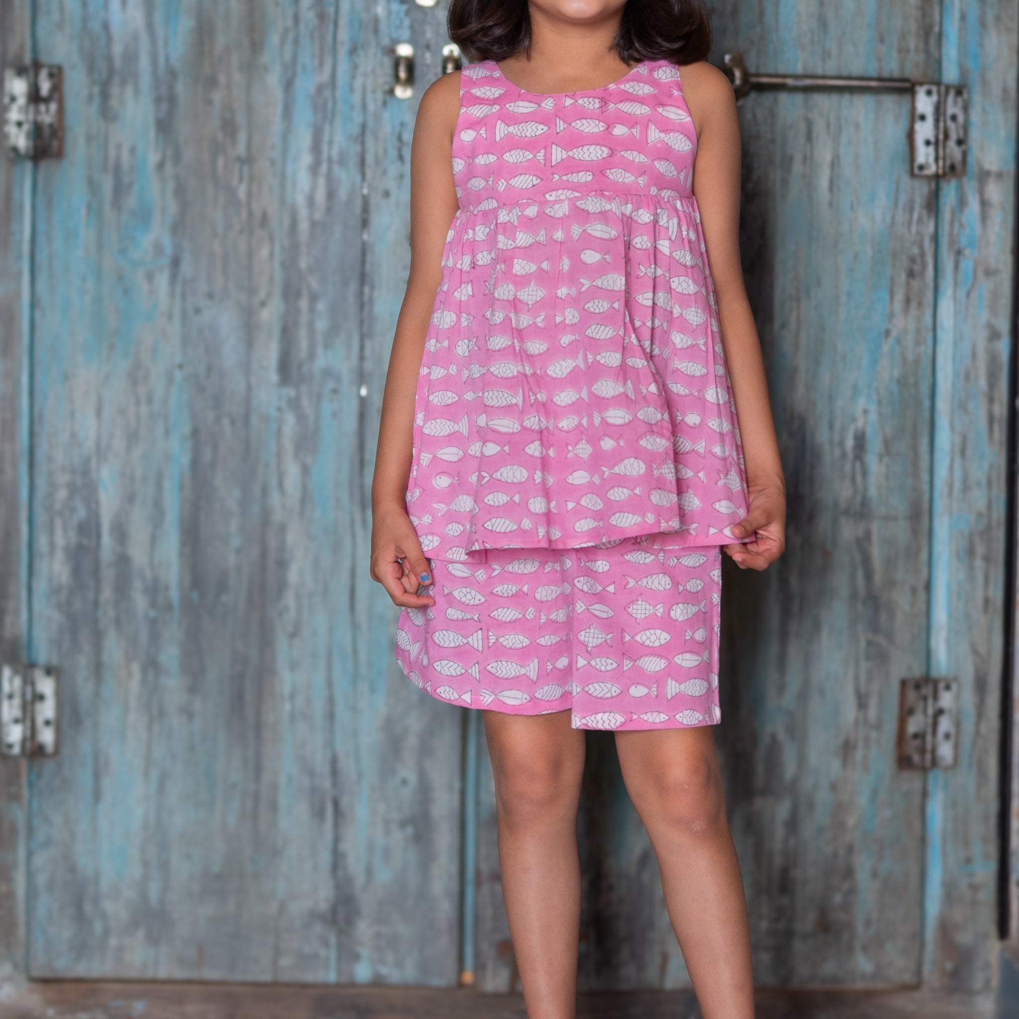 Pink Fish Printed Shorts and Top set for Girls