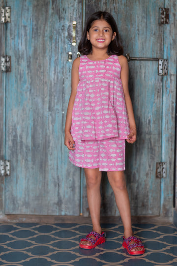 Pink Fish Printed Shorts and Top set for Girls