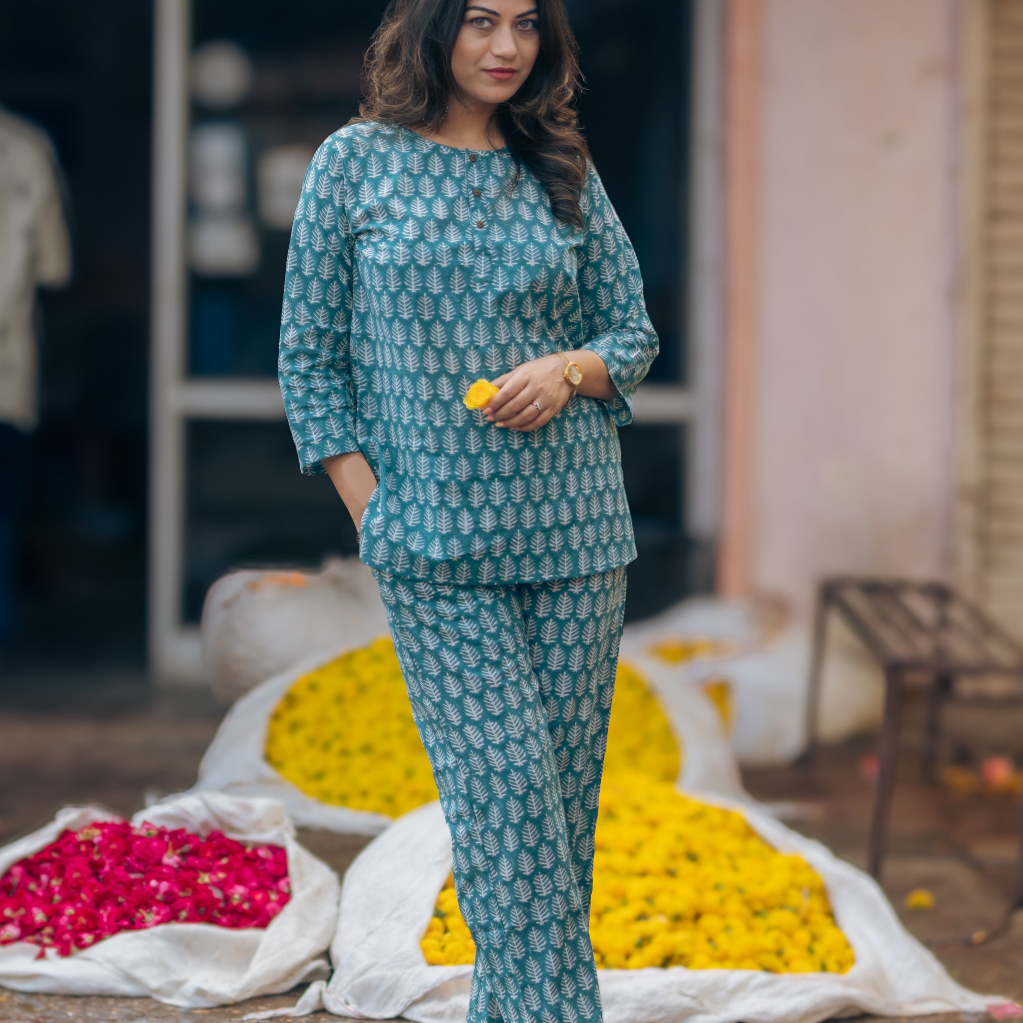 Green Forest Leaf Printed Lounge Wear for Women