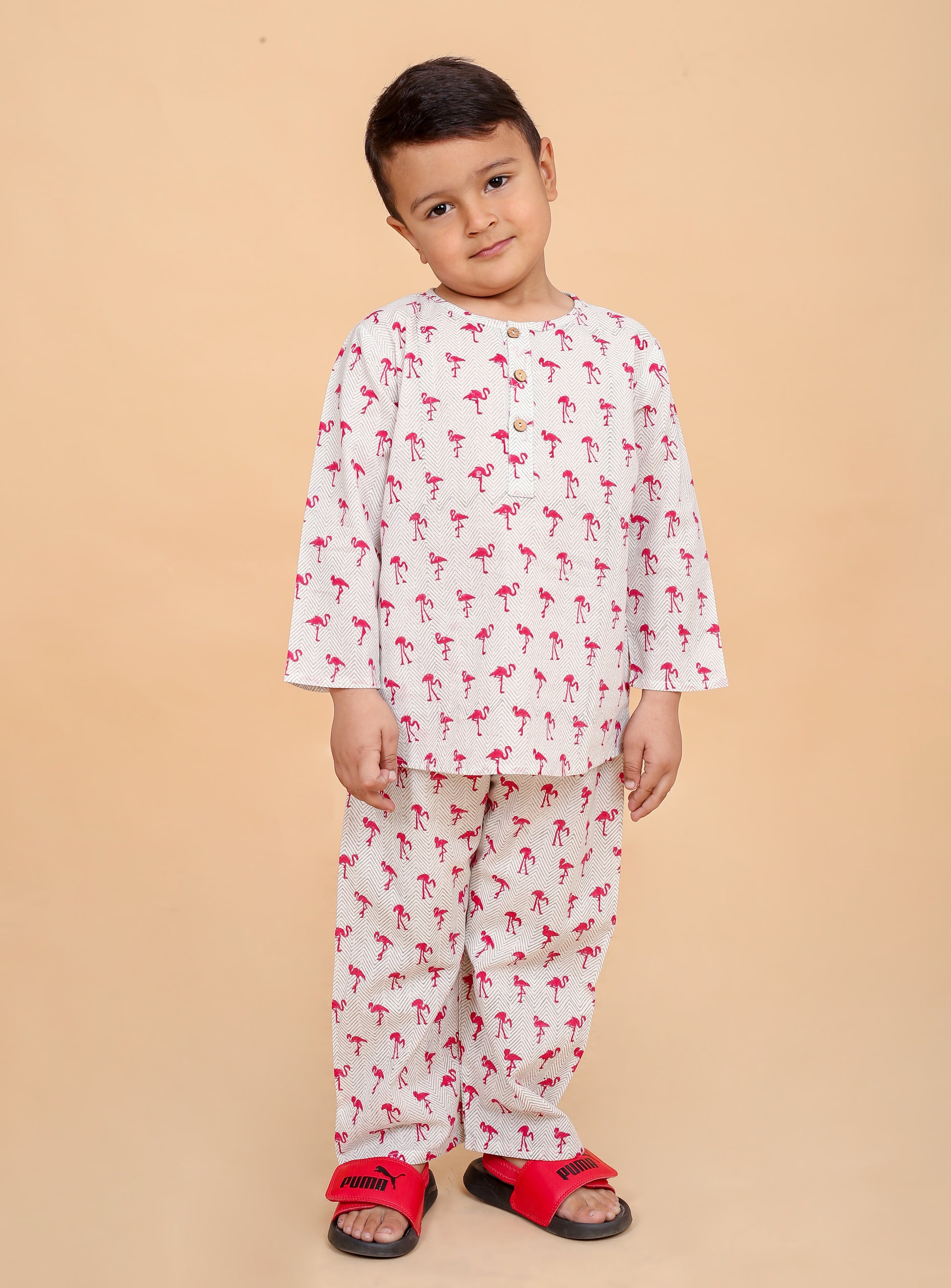Flamingo print pure cotton hand block printed pajama set for boys - front view