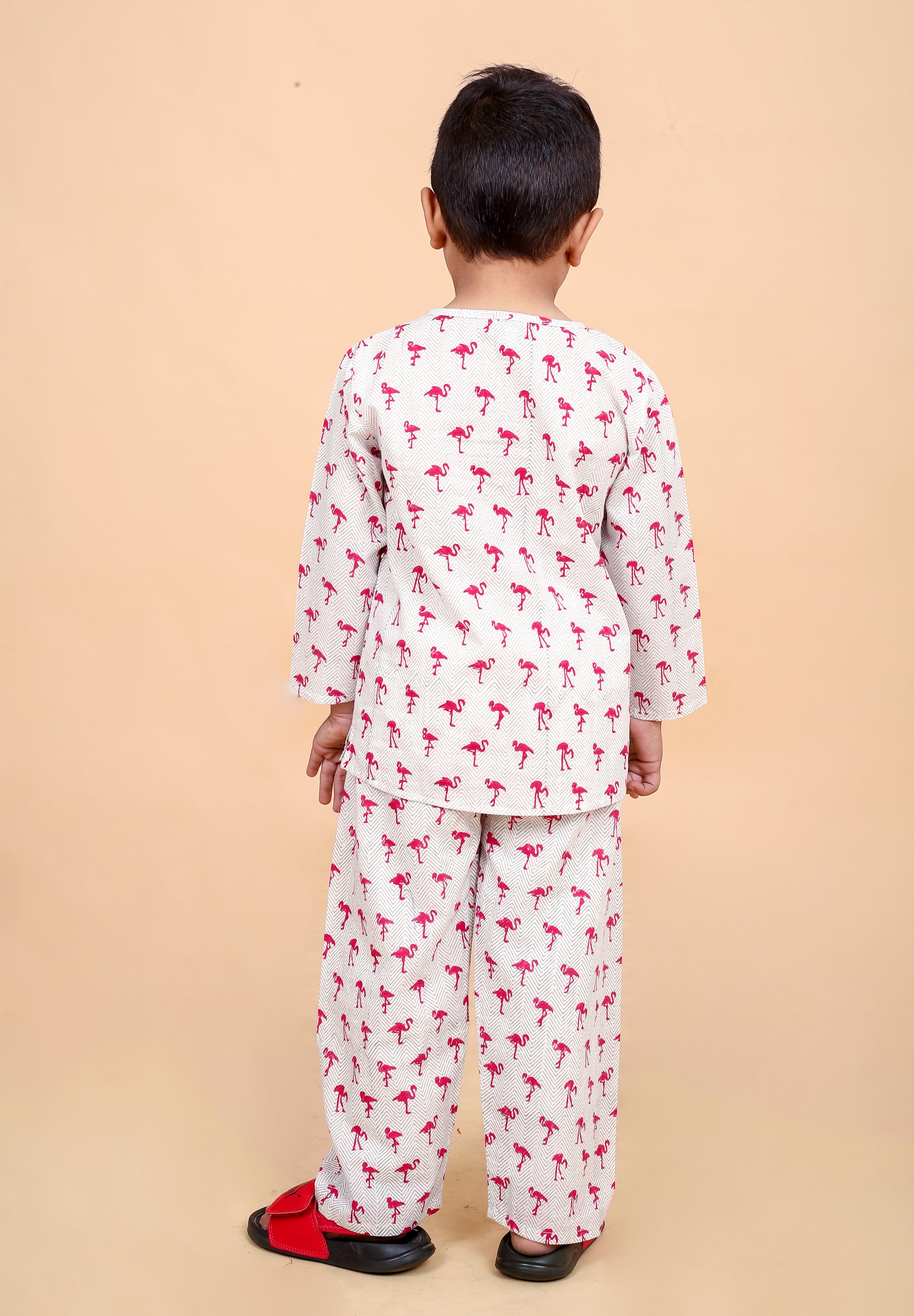 Boys pure cotton nightwear with flamingo print hand block design - back view