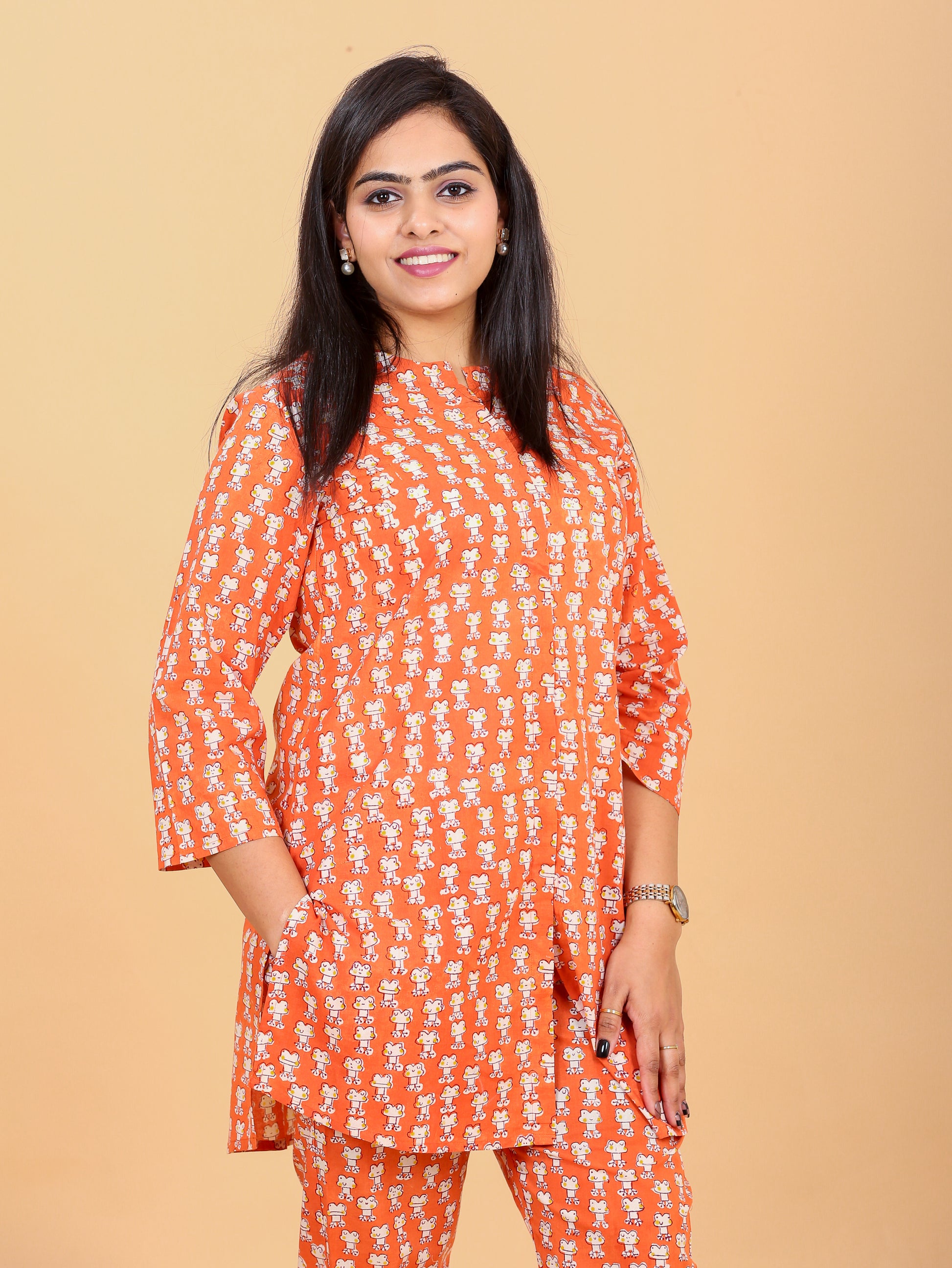 breathable cotton frog print co-ord set for women