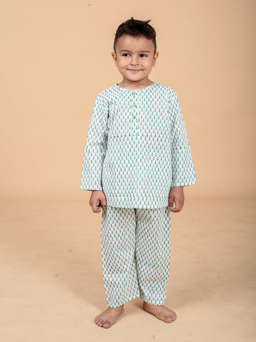 Green Booti pure cotton hand block printed pajama set for boys breathable summer nightwear