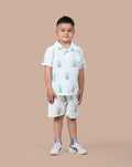 Boy wearing pure cotton Green Cat hand block printed shorts and top set by Chheent Jaipur