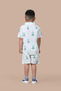Green Cat print cotton shorts set for boys, hand block printed in Jaipur, back side view