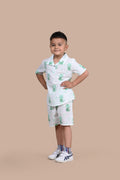 Green Cat print cotton shorts set for boys, hand block printed in Jaipur, side view
