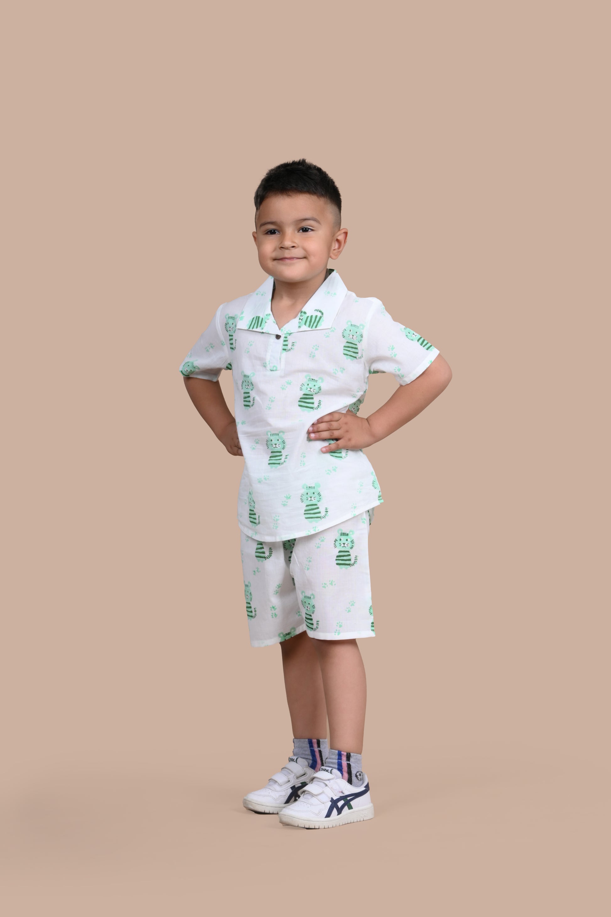 Green Cat print cotton shorts set for boys, hand block printed in Jaipur, side view