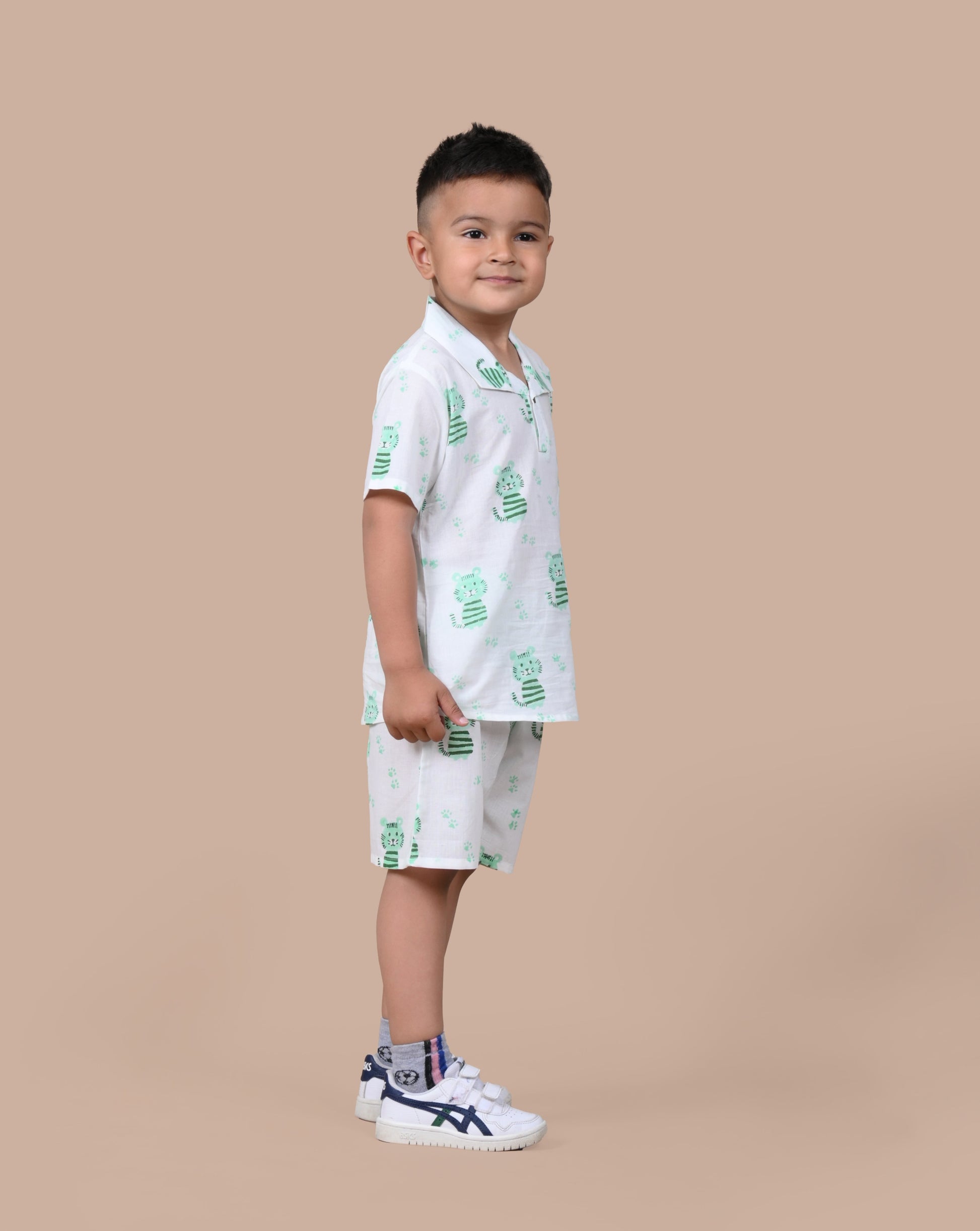 Green Cat print cotton shorts set for boys, hand block printed in Jaipur, side view 2